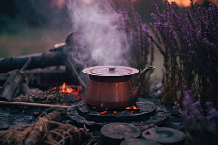 steam rising from a cup of lavender tea near campfire coals, created with generative aiの素材