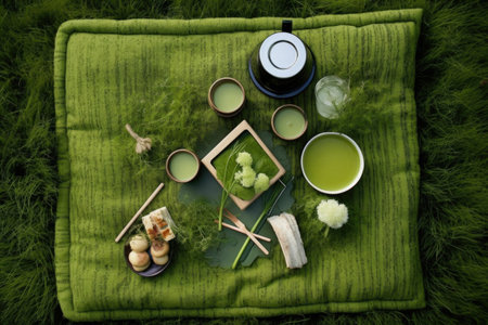 aerial view of matcha tea set on a picnic blanket, created with generative aiの素材