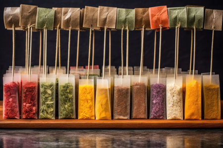 tea bags with various flavors arranged in a neat row, created with generative aiの素材