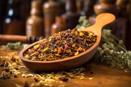 aromatic tea blend in a wooden scoop on a table, created with generative aiの素材