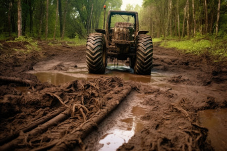 tractor tire flat in muddy terrain, created with generative aiの素材