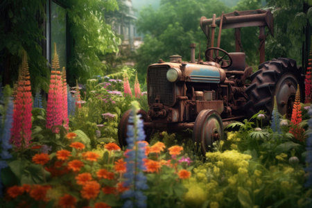 tractor with missing parts surrounded by wildflowers, created with generative aiの素材