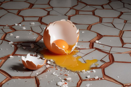 cracked egg with yolk spilling on tiled floor, created with generative aiの素材