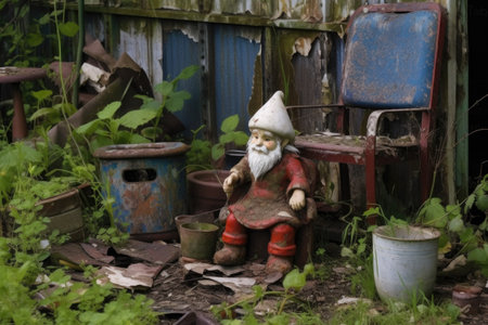 weathered gnome with chipped paint in garden, created with generative aiの素材