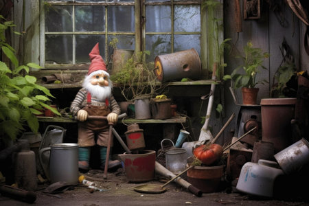 gnome with missing arm near garden tools, created with generative aiの素材