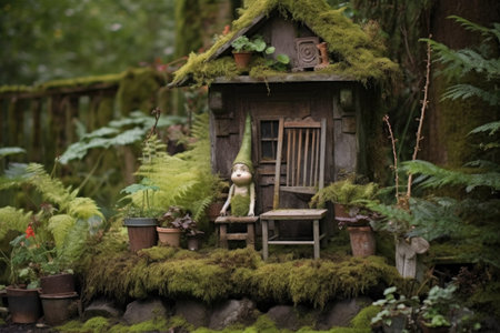 rustic garden setting with chipped gnome and moss, created with generative aiの素材