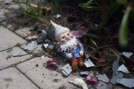 close-up of a shattered garden gnome on the ground, created with generative aiの素材