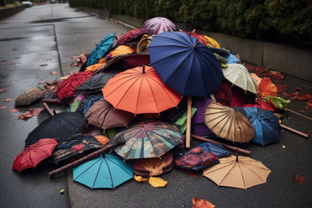 umbrella parts scattered on a sidewalk, created with generative aiの素材