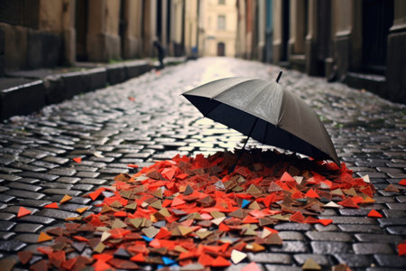 broken umbrella parts scattered on a cobblestone street, created with generative aiの素材