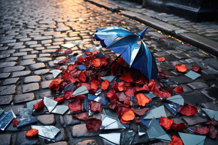 pieces of a shattered umbrella scattered on a cobblestone street, created with generative aiの素材