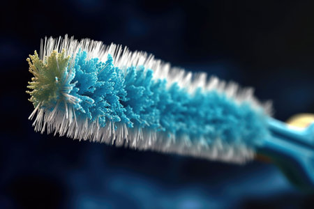 close-up of toothbrush with toothpaste on bristles, created with generative aiの素材