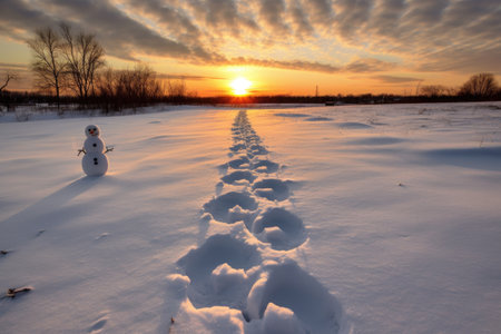 snowman with a trail of footprints leading to it, created with generative aiの素材