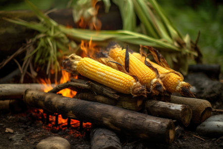 campfire with corn on the cob roasting on a stick, created with generative aiの素材