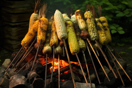 skewered corn on the cob roasting over open campfire flames, created with generative aiの素材