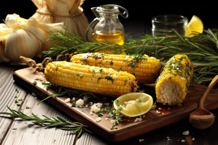 roasted corn on the cob with melted butter and herbs, created with generative aiの素材