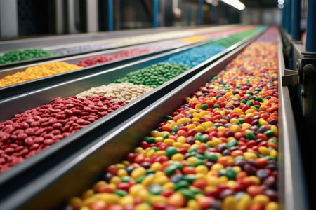 conveyor belt transporting colorful candies in factory, created with generative aiの素材