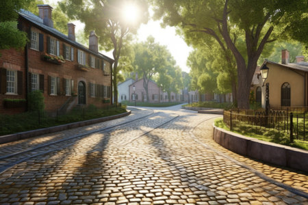 sunlit cobblestone path curving through a scenic park, created with generative aiの素材