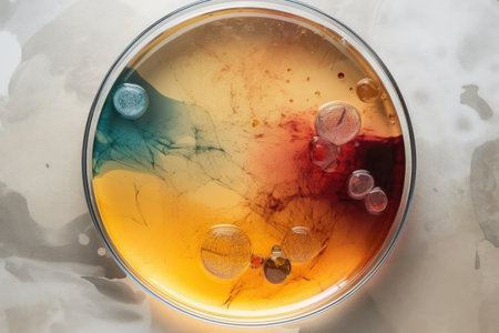 top view of a petri dish with chemical reaction, created with generative aiの素材