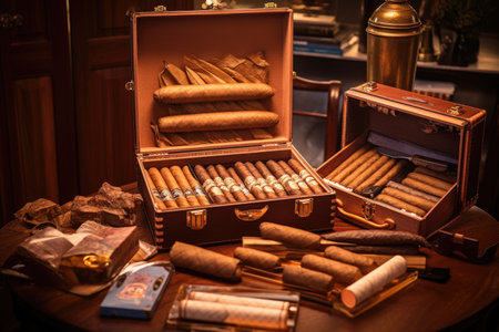 hand-rolled cigars in a traditional wooden humidor, created with generative aiの素材