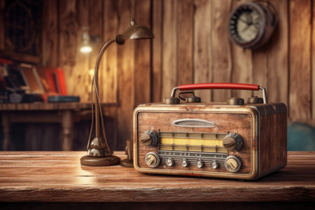retro radio on wooden table with headphones, created with generative aiの素材