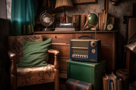 old radio in a cozy reading nook next to books, created with generative aiの素材