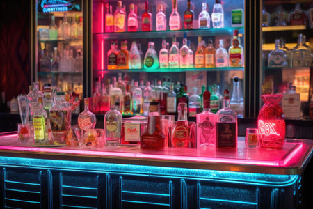 soda fountain counter with neon signs backdrop, created with generative aiの素材