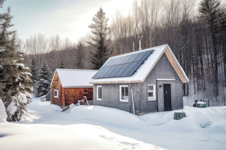 snowy solar panels on a tiny house, off-grid living, created with generative aiの素材