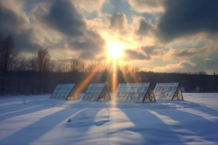 snowy solar panels with sunrays breaking through clouds, created with generative aiの素材