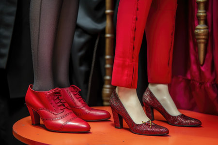 close-up of stylish footwear displayed on mannequin legs, created with generative aiの素材