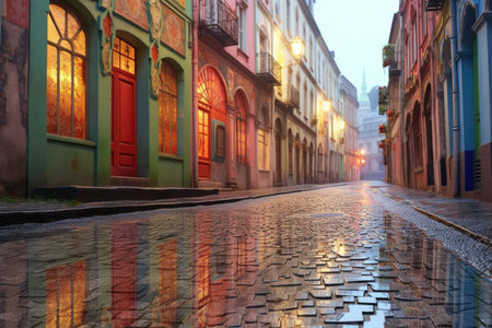 dew-covered cobblestones reflecting colorful storefronts, created with generative aiの素材