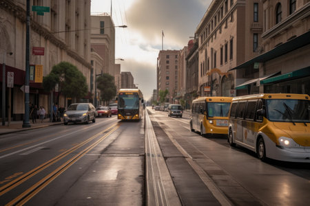 electric buses on dedicated lanes in downtown, created with generative aiの素材