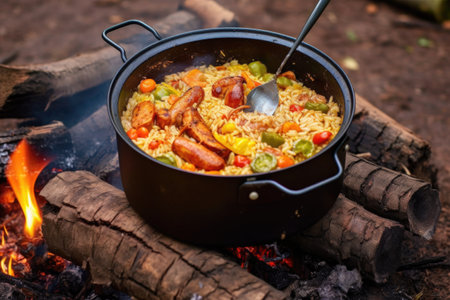 top view of jambalaya in pot next to campfire, created with generative aiの素材