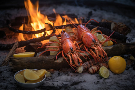 beach bonfire with lobster and lemon garnish, created with generative aiの素材