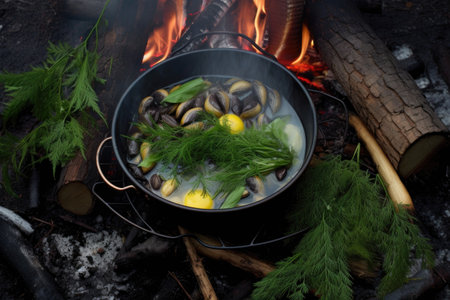 campfire with steaming pot of mussels and herbs, created with generative aiの素材