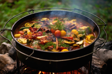 steaming pot of ratatouille on a campfire grill, created with generative aiの素材