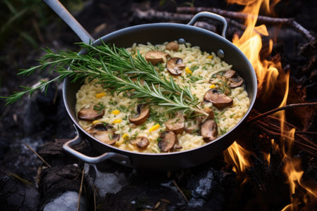 campfire with risotto pan and camping utensils nearby, created with generative aiの素材