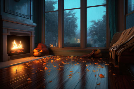 rainy window view looking into a room with a glowing fireplace, created with generative aiの素材