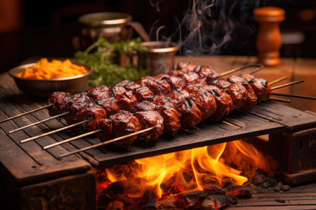 craft beer bottles next to a bbq grill with smoke, created with generative aiの素材