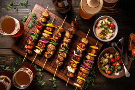 overhead shot of craft beer and grilled skewers, created with generative aiの素材