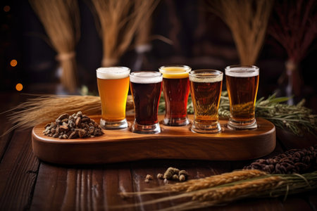 close-up of beer flight on rustic wooden table, created with generative aiの素材