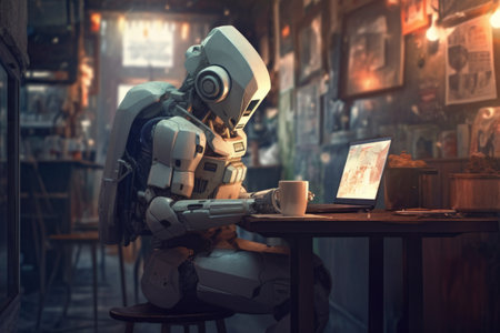 robot in a cafe browsing social media on a laptop, created with generative aiの素材