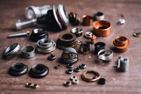 close-up shot of disassembled bicycle headset parts, created with generative aiの素材