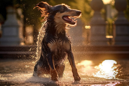 wet dog shaking after playing in a fountain, droplets catching the sunlight, created with generative aiの素材