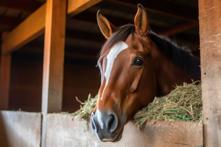 close-up of horse munching hay in stable, created with generative aiの素材