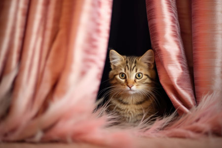 kitten hiding behind a curtain, feather toy in sight, created with generative aiの素材
