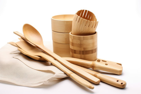 stack of bamboo cooking utensils with chopsticks and spatula, created with generative aiの素材