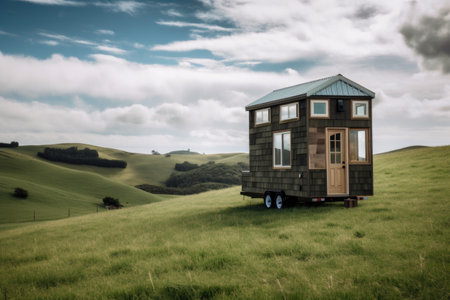 tiny house with a view of rolling hills, surrounded by greenery, created with generative aiの素材