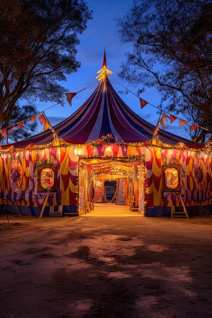 circus tent entrance with glowing lights at twilight, created with generative aiの素材