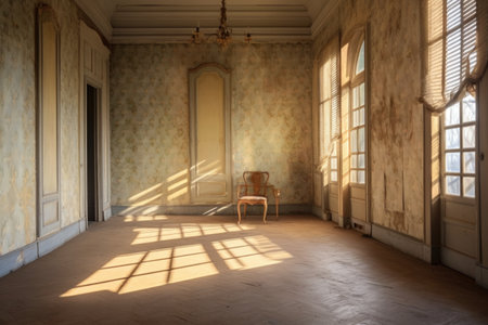 empty room with sunlight casting shadows on walls, created with generative aiの素材