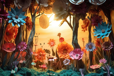 whimsical paper flower forest with sunlight peeking through, created with generative aiの素材
